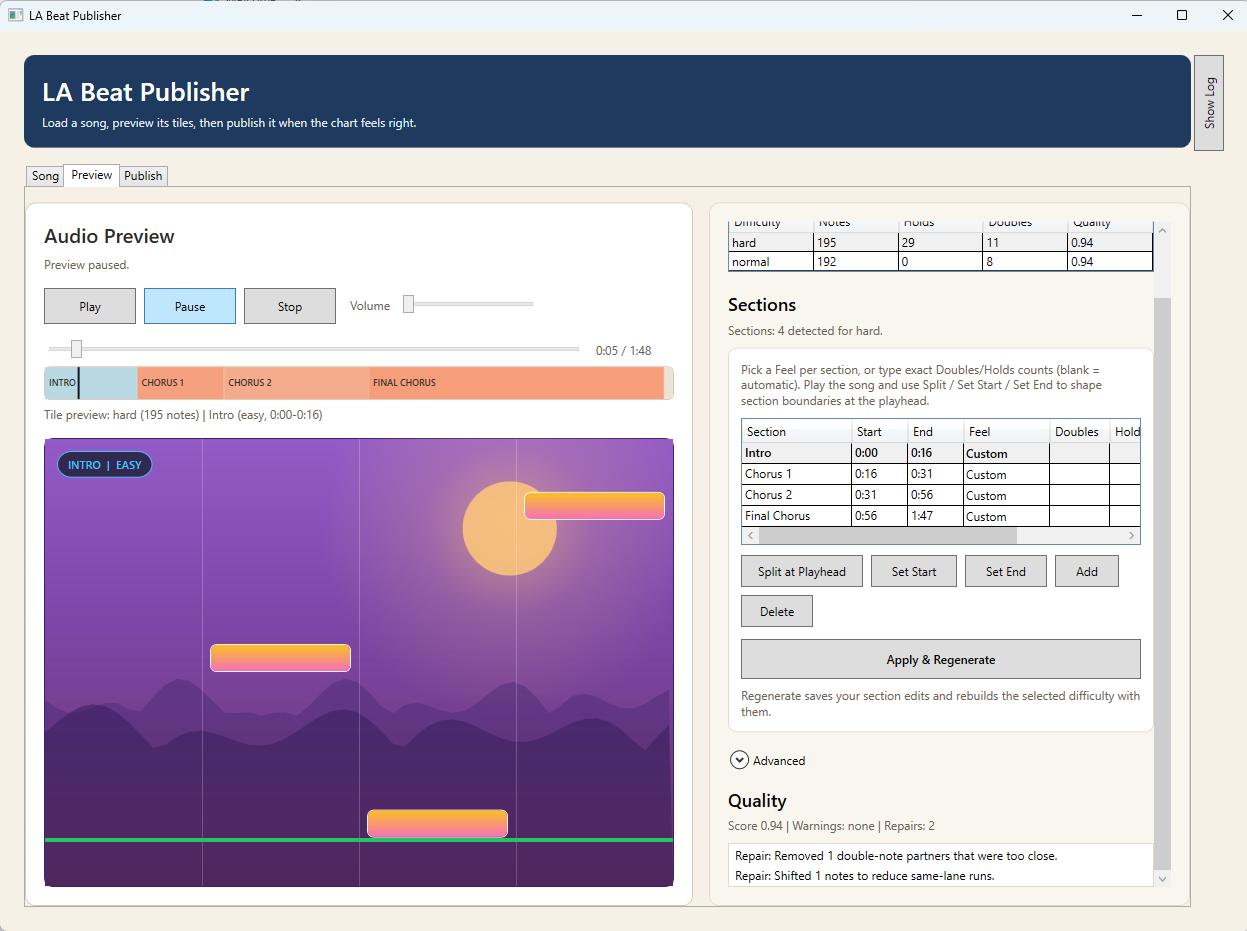LA Beat Publisher Windows app showing chart preview, sections, and quality checks for a song