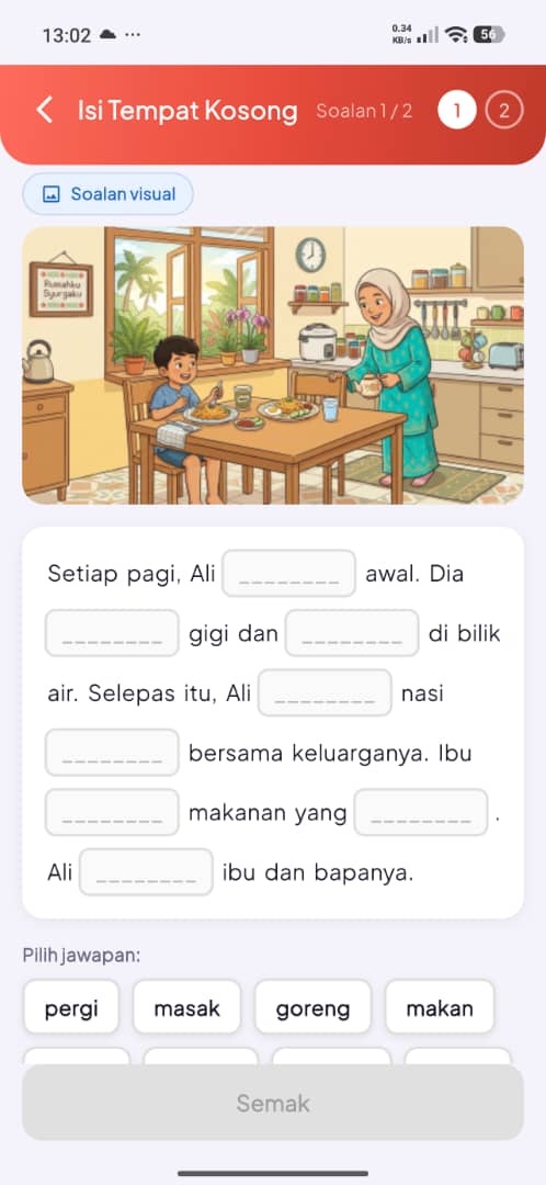 La Belajar fill-in-the-blank exercise with a visual prompt of a family breakfast scene