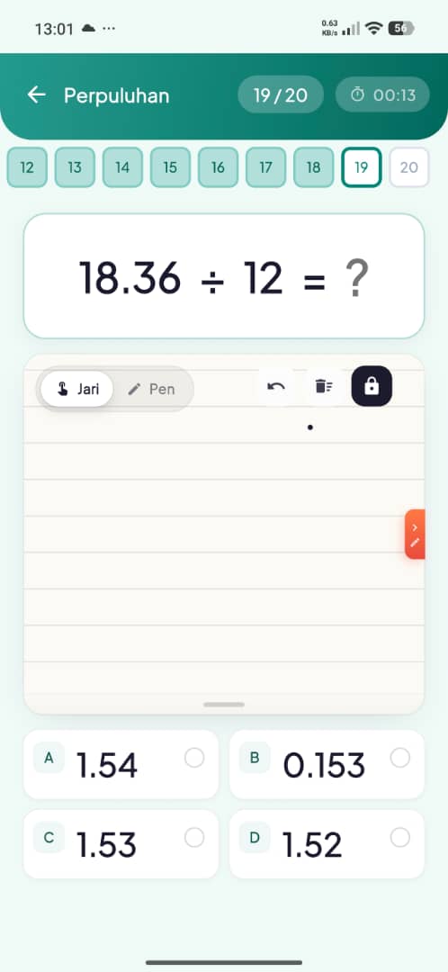 La Belajar decimals quiz with a working area and multiple choice answers