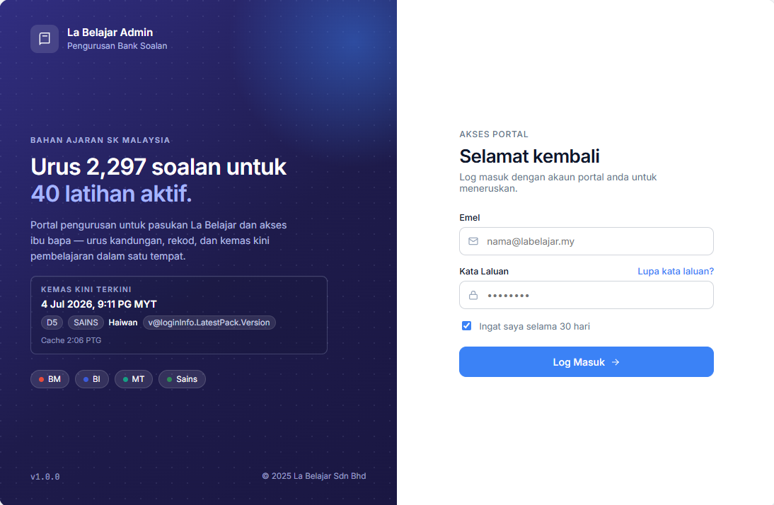 La Belajar Admin portal login page showing question and exercise counts